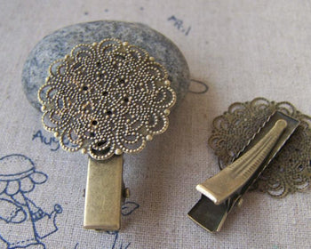 Accessories - 4 Pcs Of Antique Bronze Filigree Round Hair Clips 31x45mm A2380