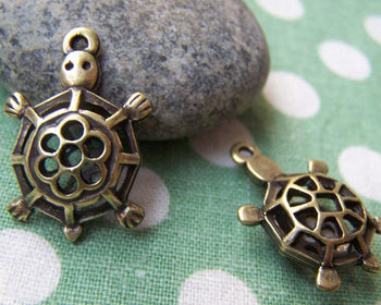 Accessories - 4 Pcs Of Antique Bronze Filigree Turtle Pendants 18x25mm A1806