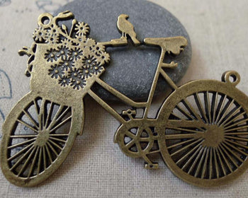 Accessories - 4 Pcs Of Antique Bronze Flower Basket Bird Bike Bicycle Pendants Connectors Charms 42x58mm A7495