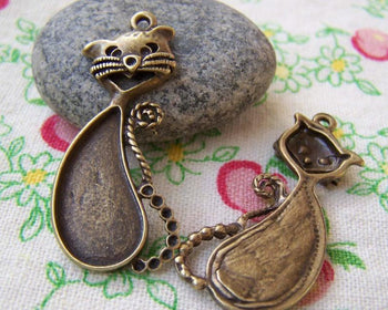 Accessories - 4 Pcs Of Antique Bronze Lovely Bezel Cat Charms  19x38mm A2080