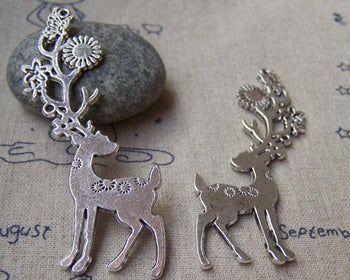 Accessories - 4 Pcs Of Antique Silver  Flat Flower Deer Pendants 20x70mm A1166