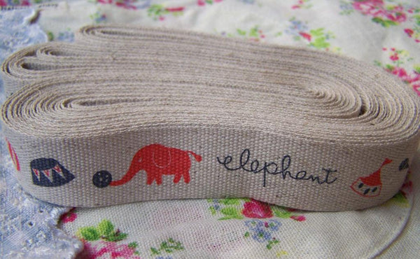 5 Meters Circus Elephant Print Linen Ribbon A2684 VeryCharms