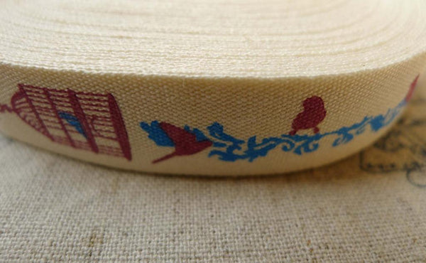 Accessories - 5.46 Yards (5 Meters) Handmade Blue Bird Cage Pattern Print Cotton Ribbon Label String A5530