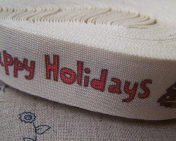 Accessories - 5.46 Yards (5 Meters) Happy Holidays Christmas Print Cotton Ribbon Label String A2587