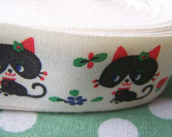Accessories - 5.46 Yards (5 Meters) Kitten Cat Print Cotton Ribbon Label String  25mm A2596