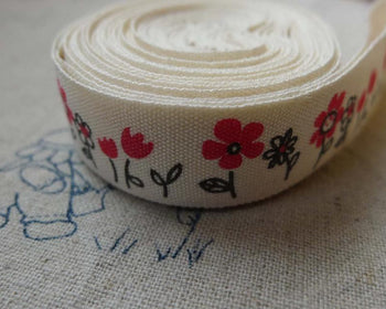 Accessories - 5.46 Yards (5 Meters) Red Flower Print Cotton Ribbon Label String A5558