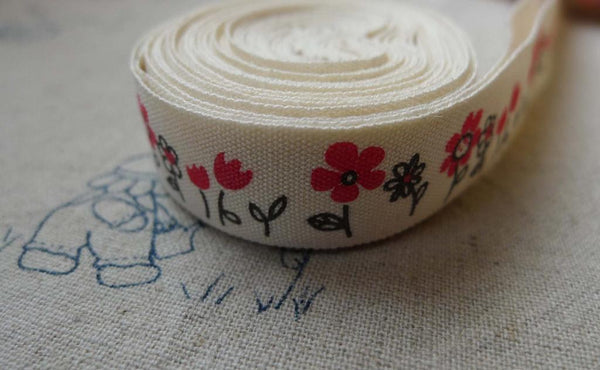 Accessories - 5.46 Yards (5 Meters) Red Flower Print Cotton Ribbon Label String A5558