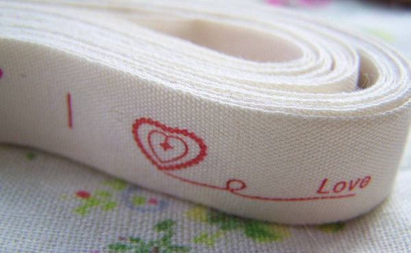 Accessories - 5.46 Yards (5 Meters) Red Love Heart Pattern Print Cotton Ribbon Label String A2582
