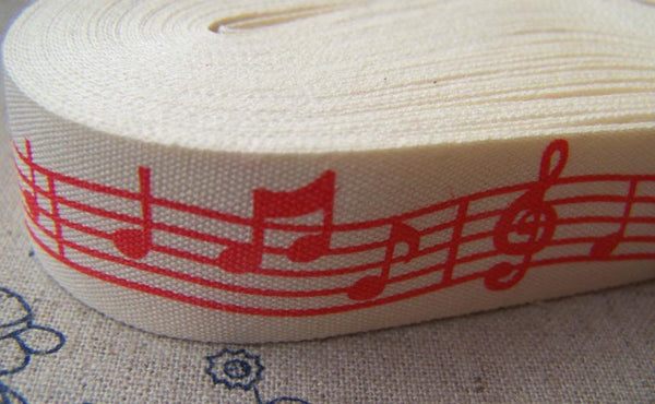 Accessories - 5.46 Yards (5 Meters) Red Music Note Print Cotton Ribbon Label String A2654