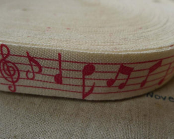 Accessories - 5.46 Yards (5 Meters) Red Music Note Print Cotton Ribbon Label String A5533