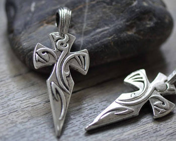 Accessories - 5 Pcs Antique Silver Cross Pendants Abstract Phoenix Design Charms 24x57mm  A7846