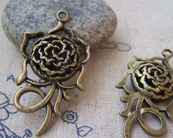 Accessories - 5 Pcs Of Antique Bronze 3D Filigree Rose Flower Pendant  22x42mm A1785