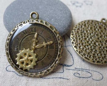 Accessories - 5 Pcs Of Antique Bronze Enamel Clock Charms Size 28x32mm A7087