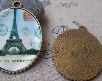 Accessories - 5 Pcs Of Antique Bronze Enamel Eiffel Tower Oval Pendants 35x45mm A1755