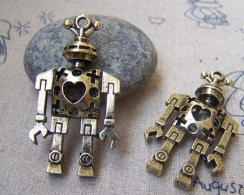 Accessories - 5 Pcs Of Antique Bronze Filigree 3D Robot Charms Pendants 25x45mm A3080