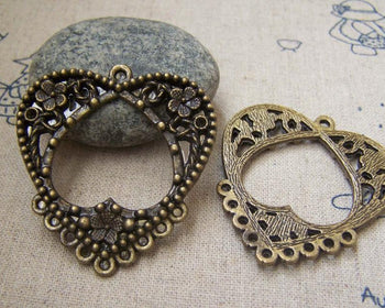 Accessories - 5 Pcs Of Antique Bronze Filigree Flower Heart Pendant Charms 40mm A2170