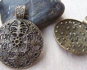 Accessories - 5 Pcs Of Antique Bronze Filigree Flower Round Pendant Charms 46x60mm  A3308
