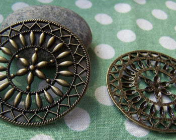 Accessories - 5 Pcs Of Antique Bronze Filigree Round Pendant Charms 47mm A438