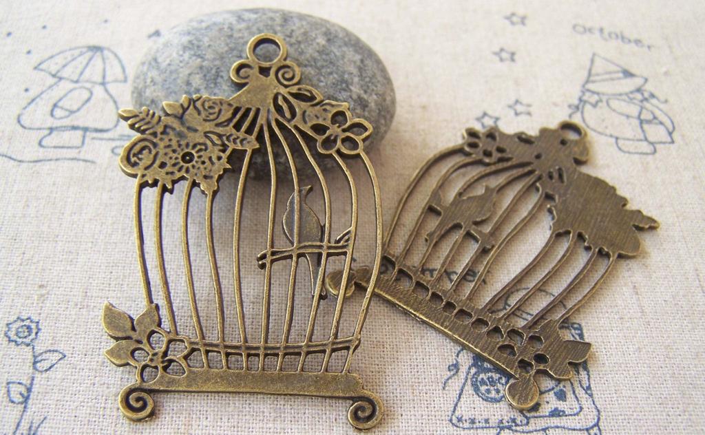 Accessories - 5 Pcs Of Antique Bronze Huge Flat Bird Cage Pendants Charms 38x58mm A5245