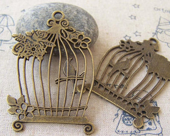 Accessories - 5 Pcs Of Antique Bronze Huge Flat Bird Cage Pendants Charms 38x58mm A5245