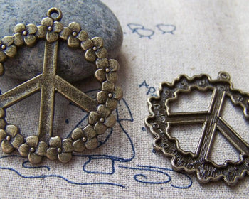 Accessories - 5 Pcs Of Antique Bronze Huge Flower Peace Symbol Pendants Charms 38mm A3653