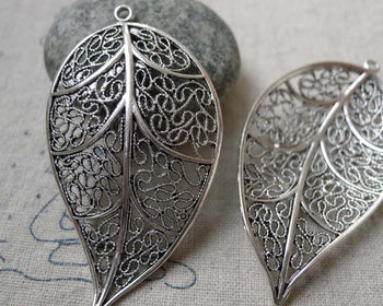 Accessories - 5 Pcs Of Antique Silver Filigree Huge Leaf  Pendants 32x54mm A6370