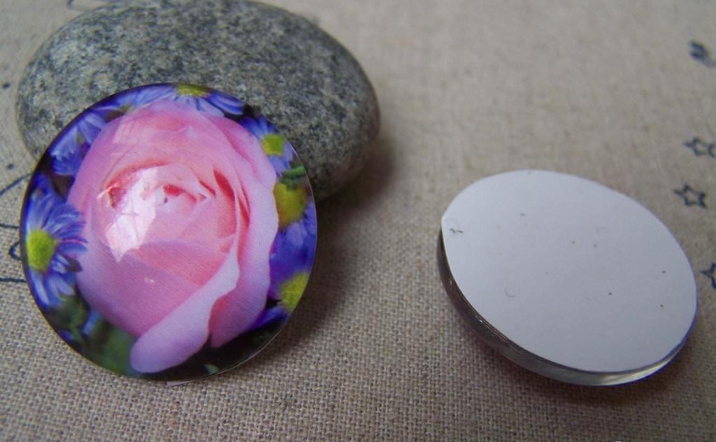 Accessories - 5 Pcs Of Crystal Glass Dome Pink Rose Flower Round Cameo Cabochon 30mm A4078