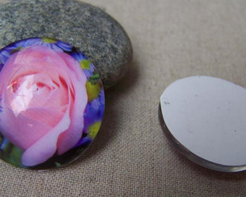 Accessories - 5 Pcs Of Crystal Glass Dome Pink Rose Flower Round Cameo Cabochon 30mm A4078