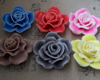 Accessories - 5 Pcs Of Polymer Clay Rose Flower Cabochon Assorted Color 50mm A2250