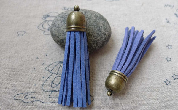 Accessories - 5 Pcs Of Square Faux Suede Blue Leather Tassel With Brass Bead Caps A6668