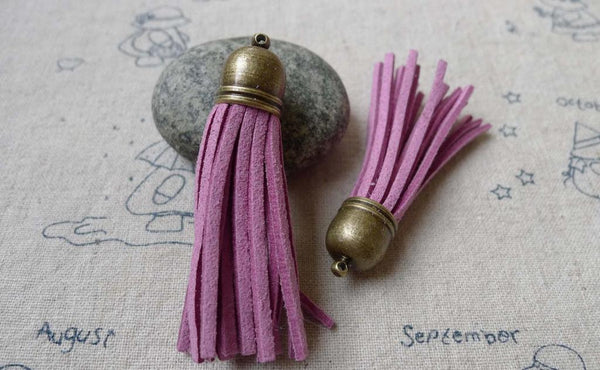 Accessories - 5 Pcs Of Square Faux Suede Fuchsia Leather Tassel With Brass Bead Caps A6648