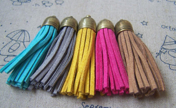 Accessories - 5 Pcs Of Square Faux Suede Leather Tassel With Brass Bead Caps Mixed Color A4898