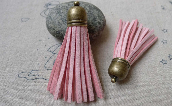 Accessories - 5 Pcs Of Square Faux Suede Light Pink Leather Tassel With Brass Bead Caps A6646