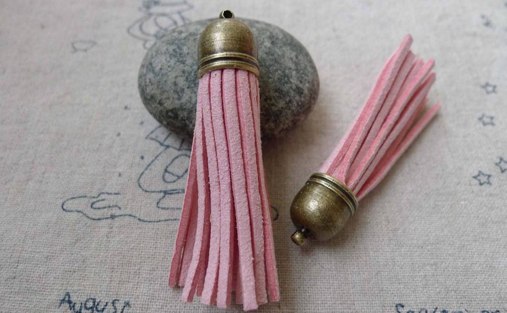 Accessories - 5 Pcs Of Square Faux Suede Pink Leather Tassel With Brass Bead Caps A6664