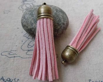 Accessories - 5 Pcs Of Square Faux Suede Pink Leather Tassel With Brass Bead Caps A6664