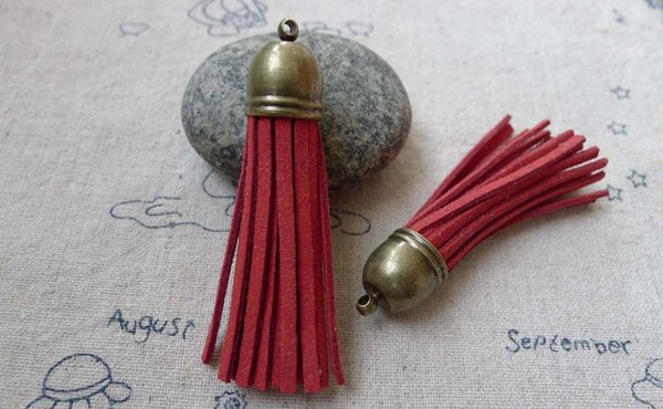 Accessories - 5 Pcs Of Square Faux Suede Red Leather Tassel With Brass Bead Caps A6667