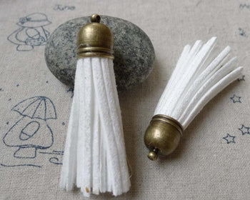 Accessories - 5 Pcs Of Square Faux Suede White Leather Tassel With Brass Bead Caps A6647