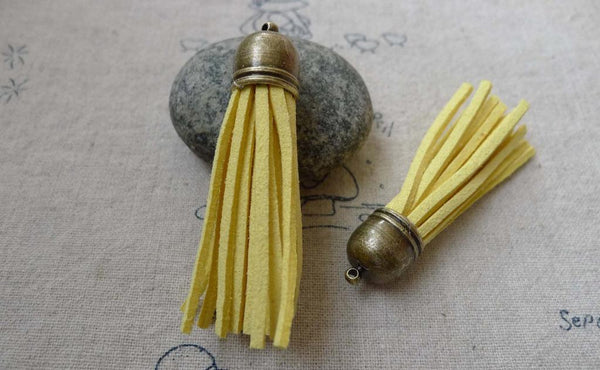 Accessories - 5 Pcs Of Square Faux Suede Yellow Leather Tassel With Brass Bead Caps A6666