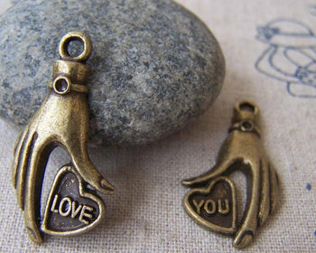 Accessories - 5 Sets (10 Pcs) Of Antique Bronze Heart Hand Charms Pendants 15x30mm A577