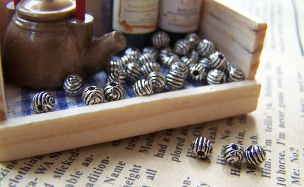 Accessories - 50 Pcs Antique Silver Coiled Textured Round Beads 4mm  A1394