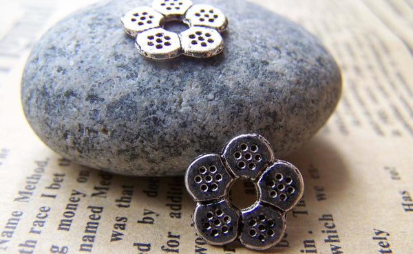 Accessories - 50 Pcs Antique Silver Rondelle Plum Flower Spacer Beads 12mm A1827