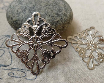 Accessories - 50 Pcs Of Platinum White Gold Tone Square Filigree Flower Embellishments Stampings  25mm A6184