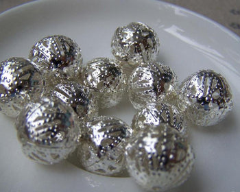 Accessories - 50 Pcs Of Silver Tone Filigree Ball Spacer Beads Size 14mm A1977