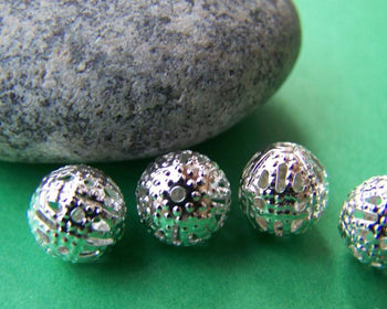 Accessories - 50 Pcs Of Silver Tone Filigree Ball Spacer Beads Size 8mm A1974