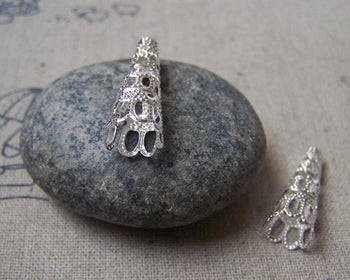 Accessories - 50 Pcs Of Silver Tone Iron Filigree Cone Bead Caps 9x23mm A4731