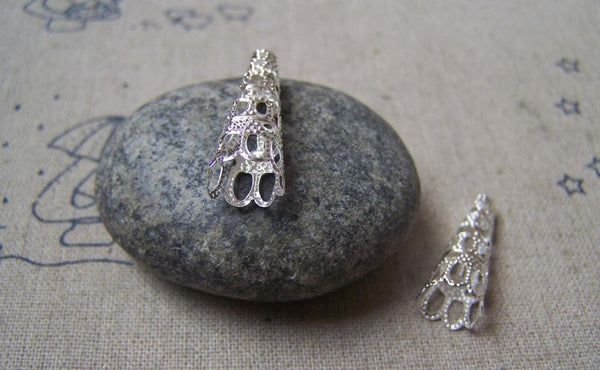 Accessories - 50 Pcs Of Silver Tone Iron Filigree Cone Bead Caps 9x23mm A4731