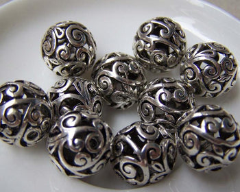 Accessories - 6 Pcs Antique Silver 3D Filigree Flower Ball Beads 14mm A1106