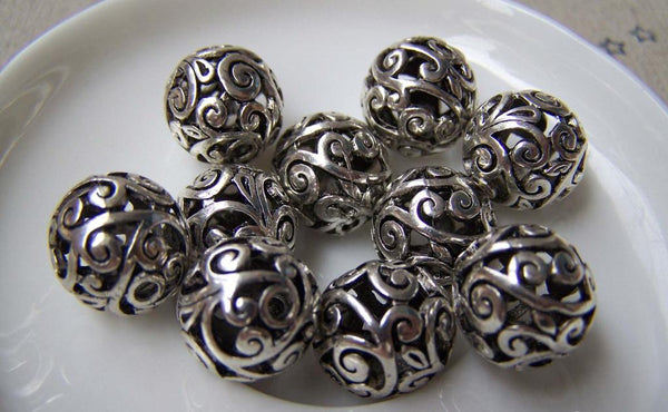 Accessories - 6 Pcs Antique Silver 3D Filigree Flower Ball Beads 14mm A1106