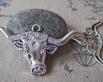 Accessories - 6 Pcs Antique Silver Bull Head Pendants 32x60mm A3489