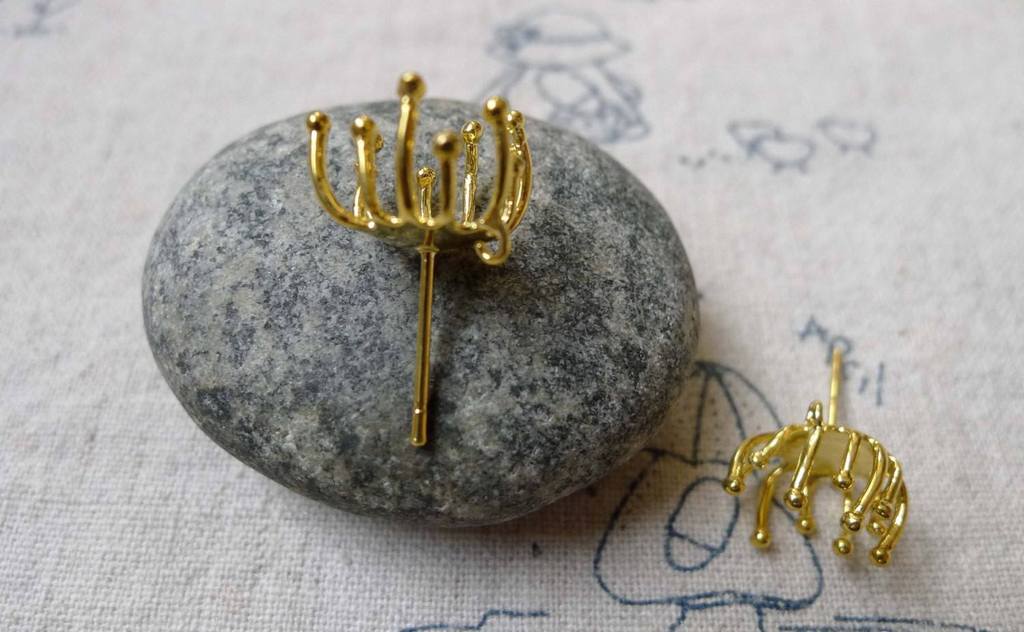 Accessories - 6 Pcs Gold Tone Brass Round Snap-Set Post Earring Posts Studs  8x12mm A6598